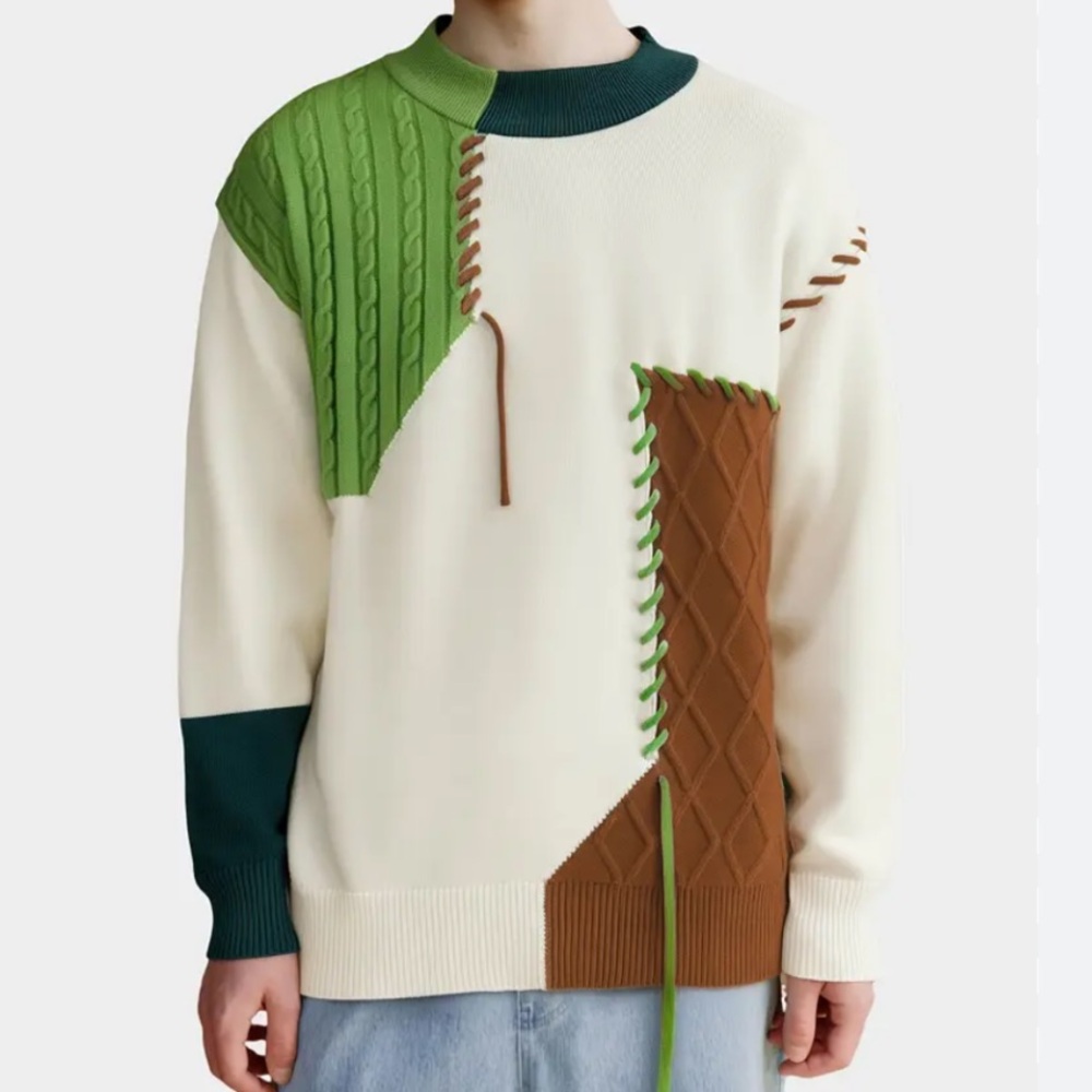 Men's Patchwork Crewneck Sweater - Cream, Green, and Brown - Picture 9 of 10